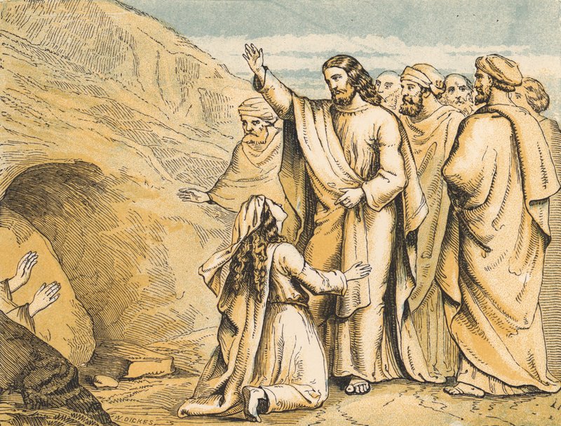 The Raising of Lazarus (färgad gravyr) av English School