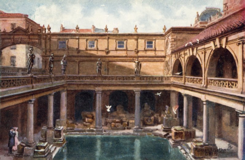 De romerska baden, Bath (färg litho) av English School