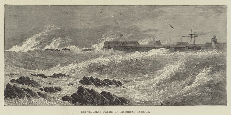 Peterhead Harbors oroliga vatten (gravyr) av English School