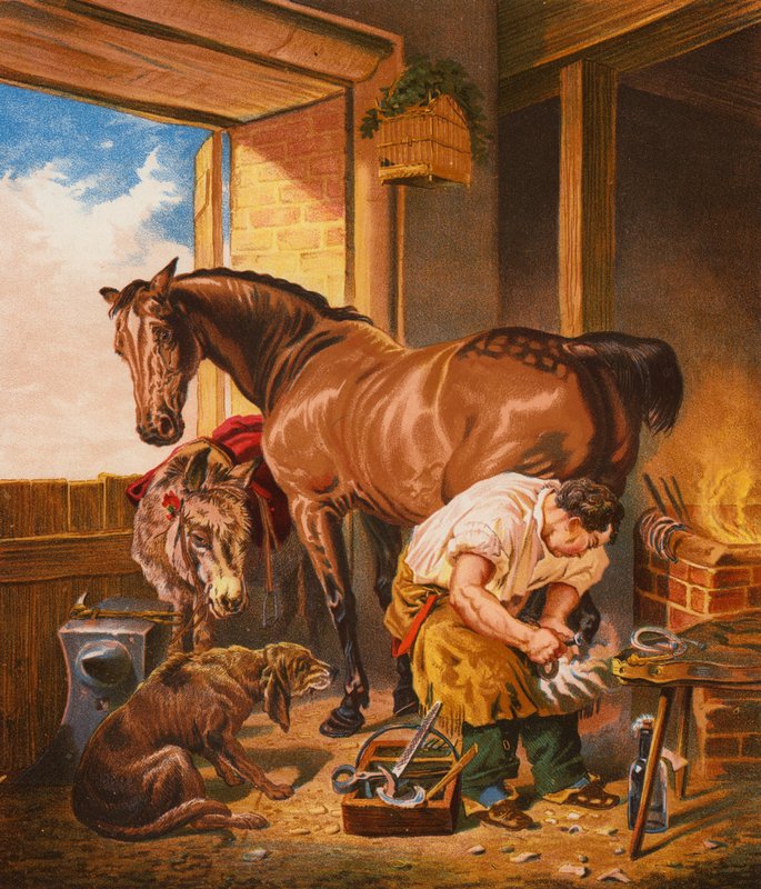 The Village Smithy (färglitografi) av English School