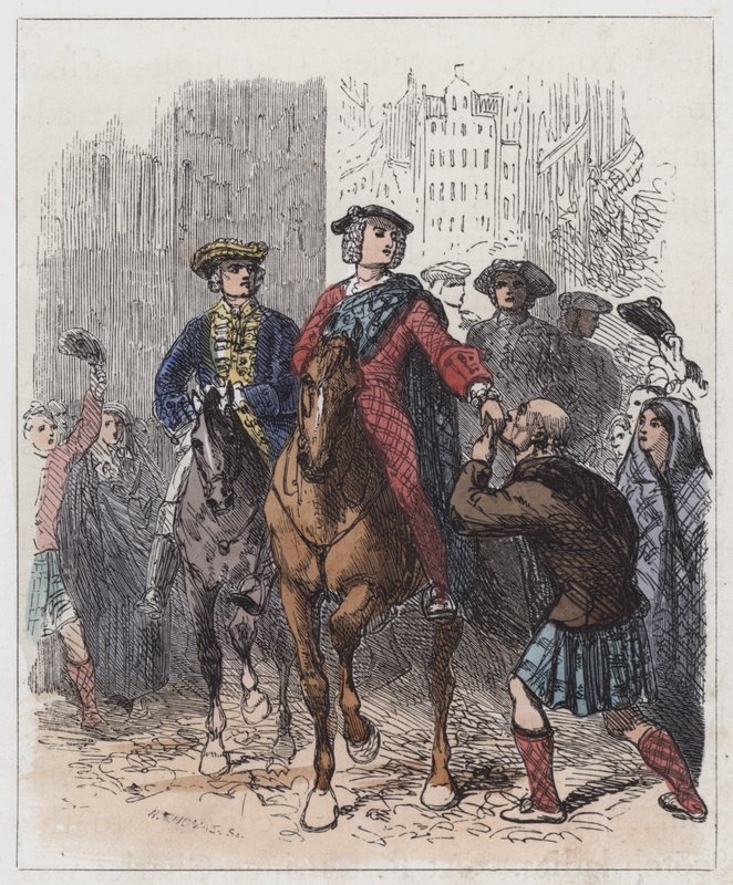The Young Chevalier Entering Edinburgh (färgad gravyr) av English School