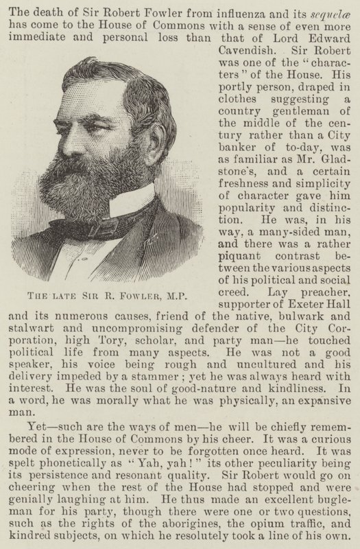 Den bortgångne Sir R Fowler, MP (gravyr) av English School