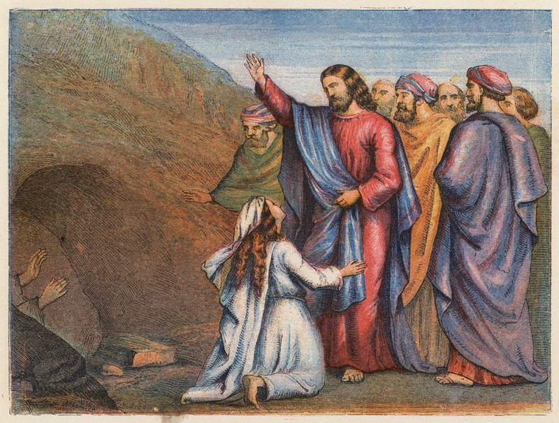 Lazarus uppståndelse (färglitografi) av English School