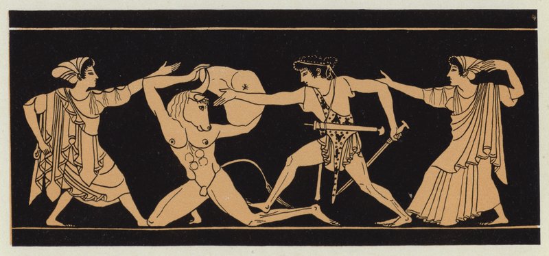 Theseus dräper Minotauren (färglitografi) av English School