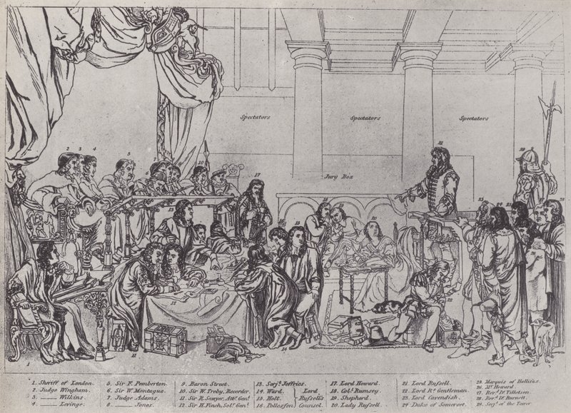 Rättegången mot Lord William Russell (litho) av English School