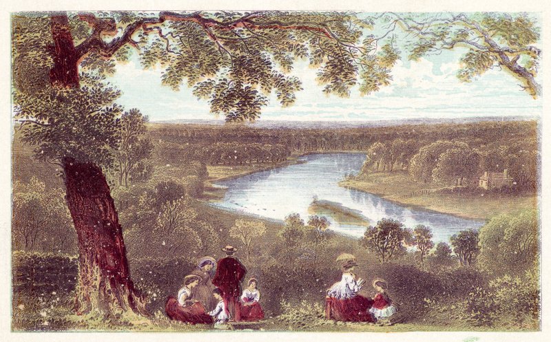 Utsikt från terrassen, Richmond Hill (färg litho) av English School