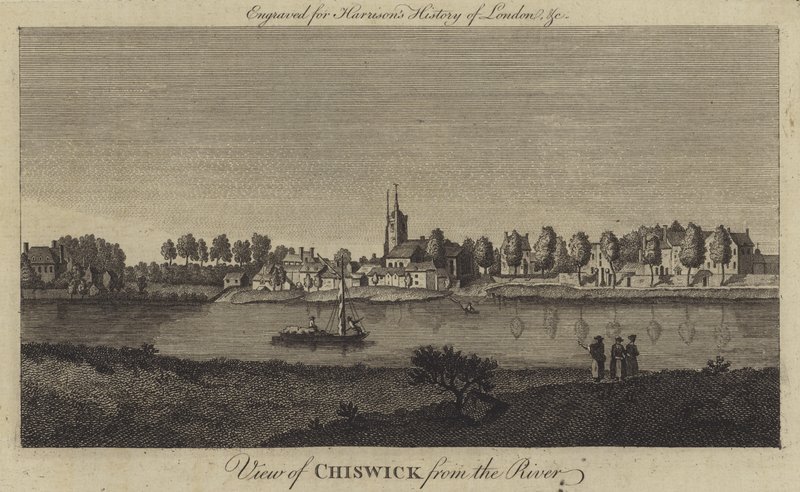 Utsikt över Chiswick från floden (gravyr) av English School