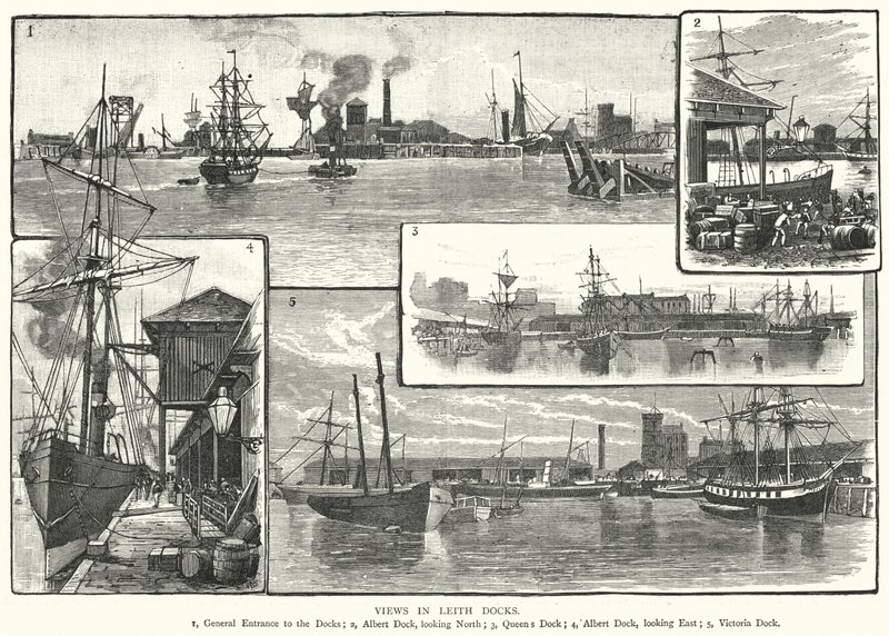 Utsikter i Leith Docks (gravyr) av English School