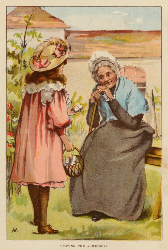 Besöker Almshouse (färg litho) av English School