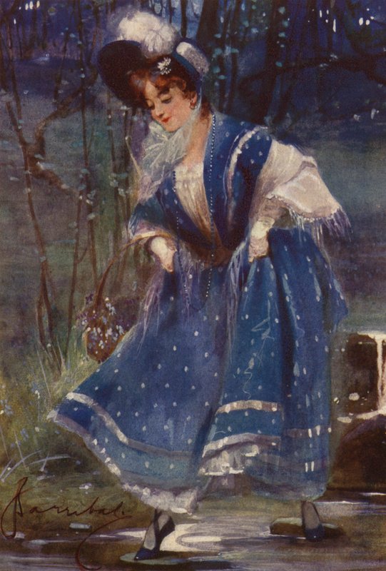 Kvinna i blått, kalenderdesign (färg litho) av English School