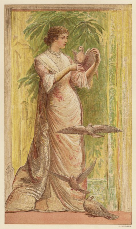 Kvinna med duvor (färg litho) av English School