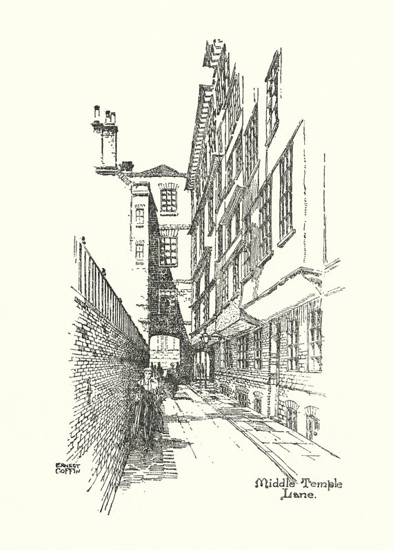 Gamla London: Middle Temple Lane (litografi) av Ernest (after) Coffin