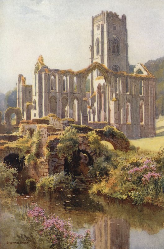 Fountains Abbey (färg litho) av Ernest William Haslehust