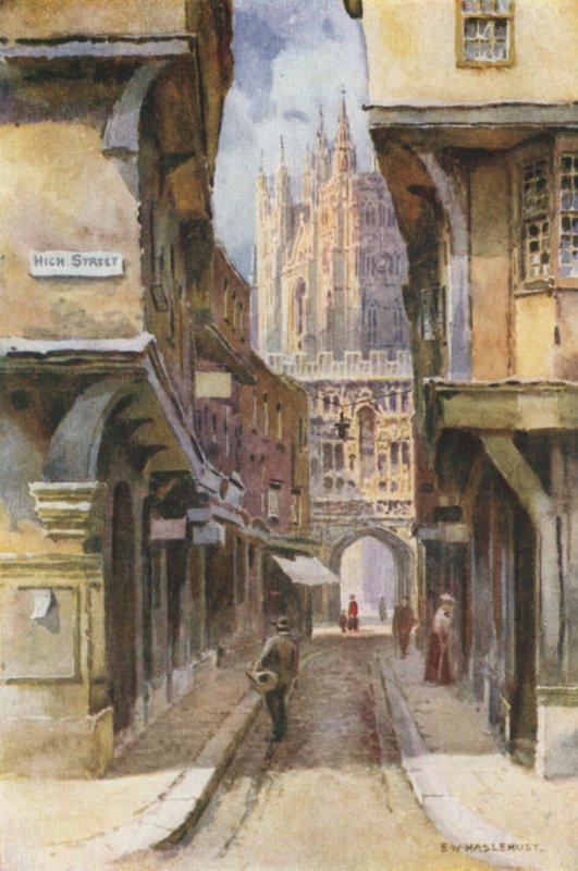 Mercery Lane (färg litho) av Ernest William Haslehust