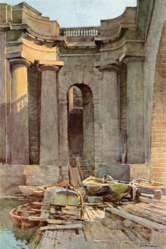 River Steps, Waterloo Bridge (färg litho) av Ernest William Haslehust