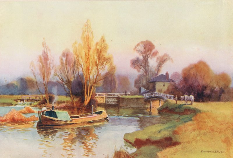 Floden Themsen: Abingdon Lock (färglitografi) av Ernest William Haslehust