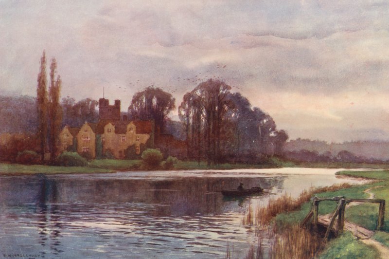 Floden Themsen: Bisham Abbey (färglitografi) av Ernest William Haslehust