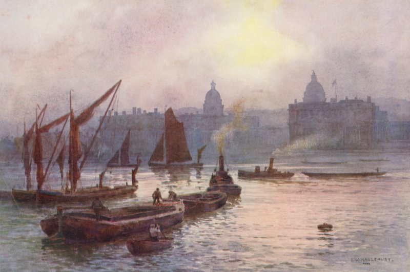 Floden Themsen: Greenwich (färglitografi) av Ernest William Haslehust
