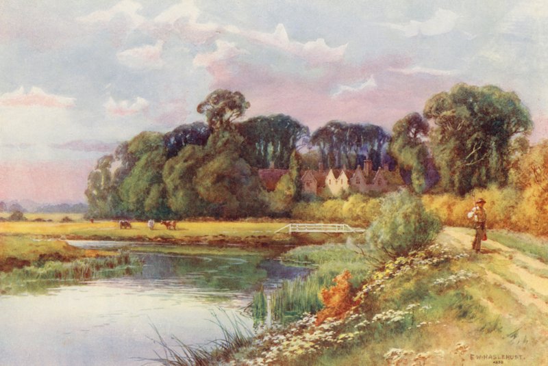 Floden Themsen: Kelmscott (färglitografi) av Ernest William Haslehust