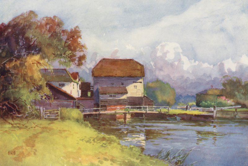 Floden Themsen: Shiplake Mill (färglitografi) av Ernest William Haslehust