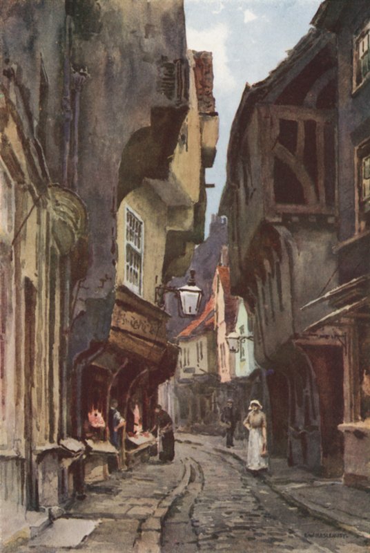 The Shambles (färg litho) av Ernest William Haslehust