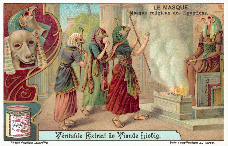 Forntida egyptiska religiösa masker (chromolitho) av European School