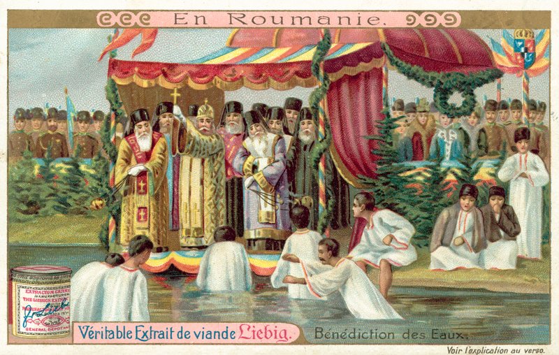 Vattnets välsignelse i Rumänien (chromolitho) av European School