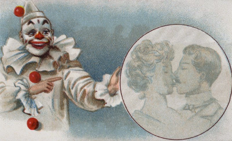 Clown tittar på ett par som kysser varandra (chromolitho) av European School