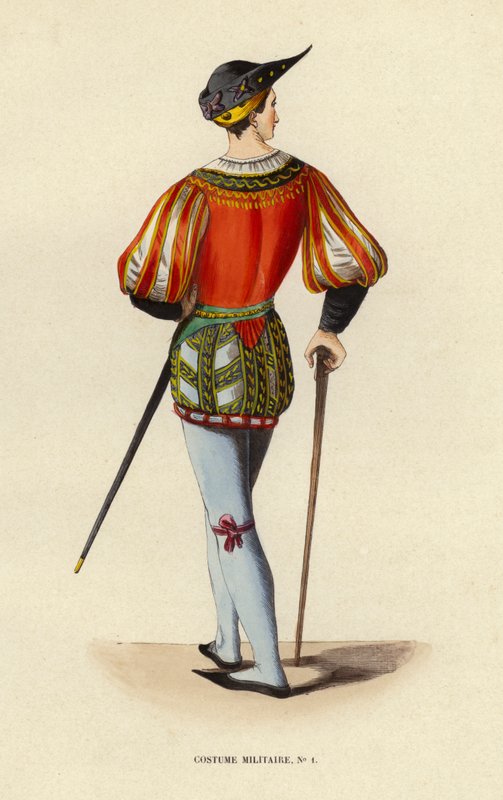 Costume Militaire (färgad gravyr) av European School