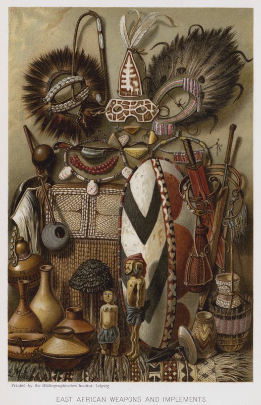 Östafrikanska vapen och redskap (chromolitho) av European School
