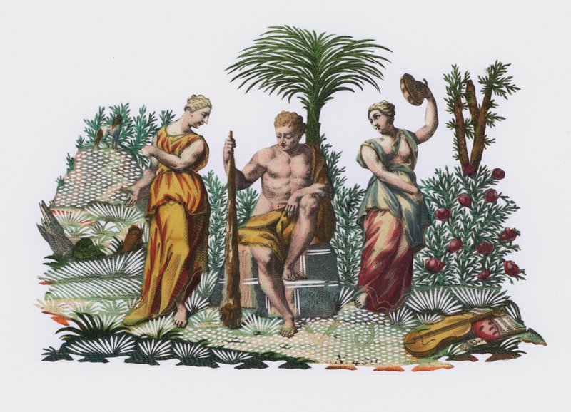 Herakles i en trädgård (färgad gravyr) av European School