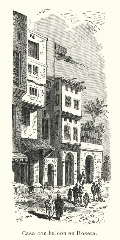 Hus med balkong i Rosetta, Egypten (litho) av European School