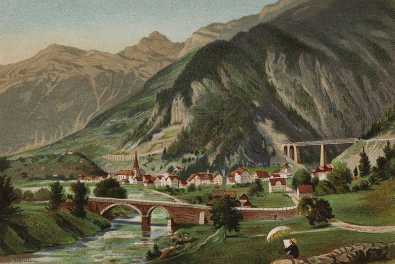 Lucernesjön: Amsteg (färglitografi) av European School