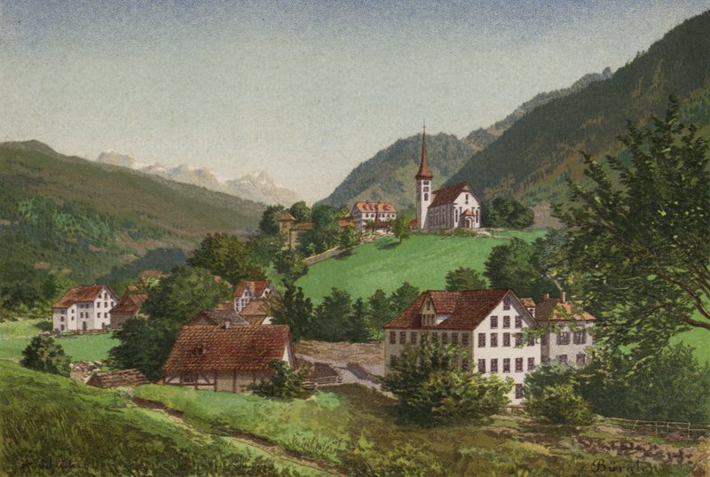 Vierwaldstättersjön: Burglen (färg litho) av European School