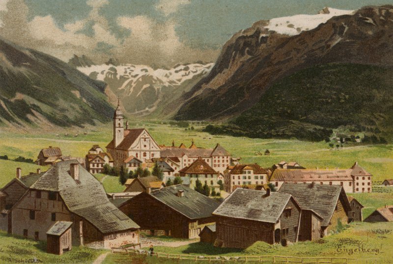 Luzernsjön: Engelberg (färglitografi) av European School