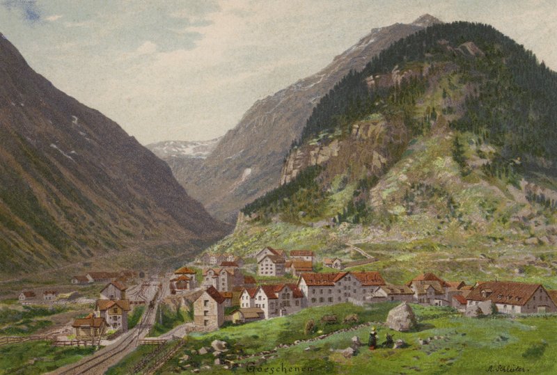Vierwaldstättersjön: Goschenen (färg litho) av European School