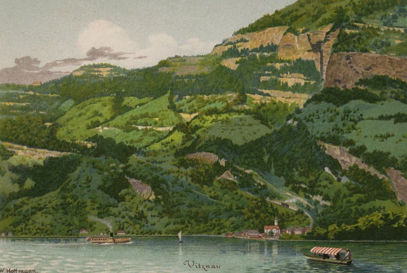Vierwaldstättersjön: Vitznau (färg litho) av European School