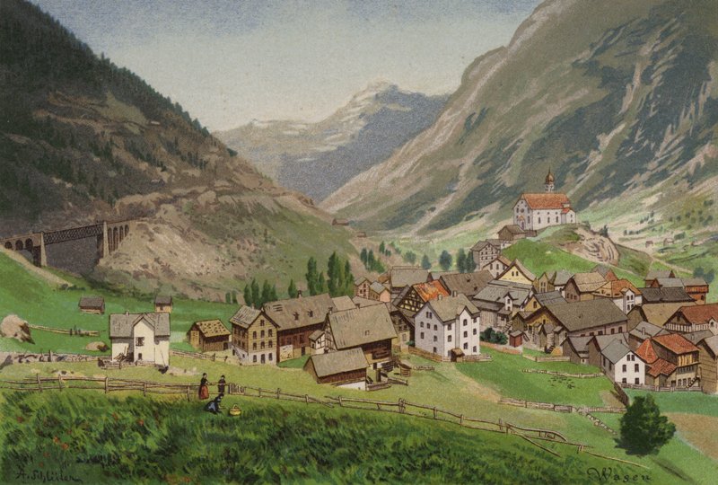 Vierwaldstättersjön: Wasen (färg litho) av European School