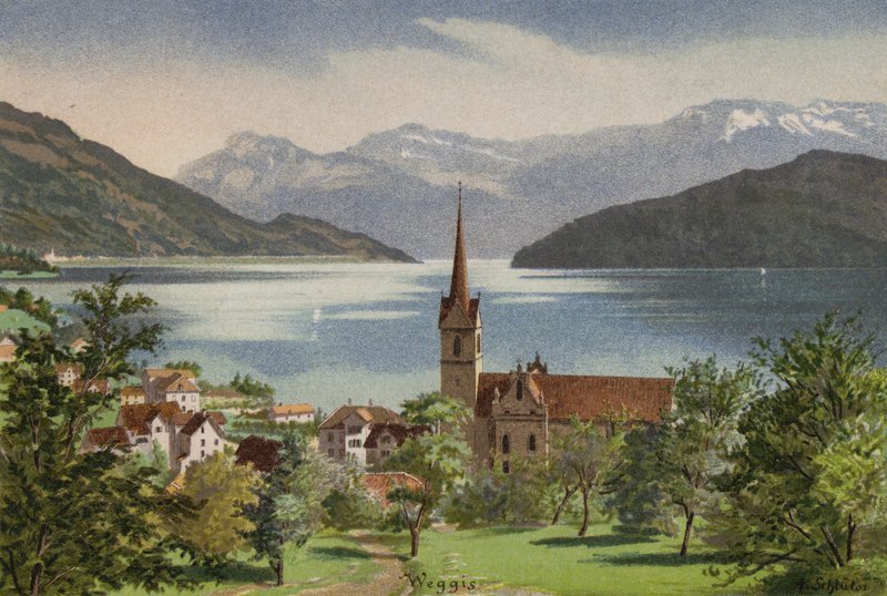 LUCERNE-sjön: Weggis (färglitografi) av European School
