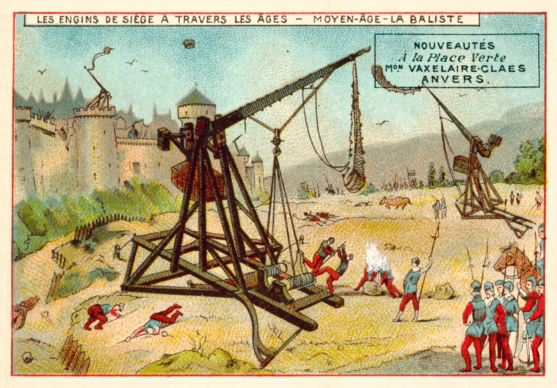Medeltida trebuchet (chromolitho) av European School