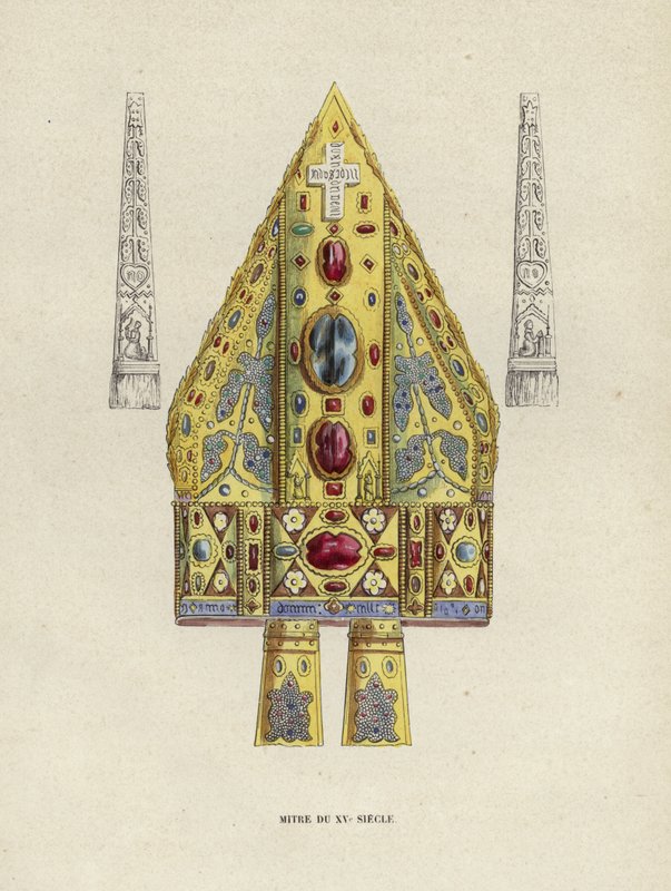 15th Century Mitre (färgad gravyr) av European School