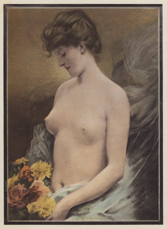 Naken kvinna med blommor (färg litho) av European School