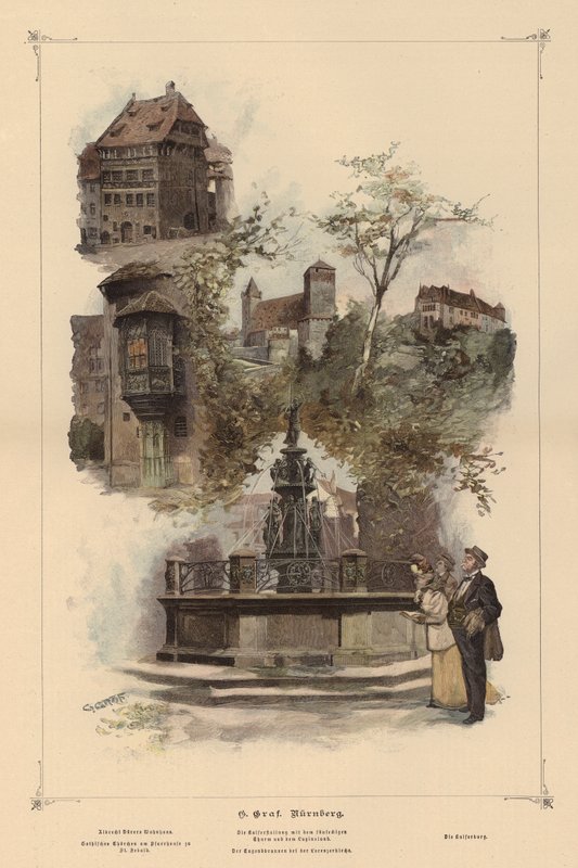 Framstående byggnader i Nürnberg, Tyskland (färgad gravyr) av European School