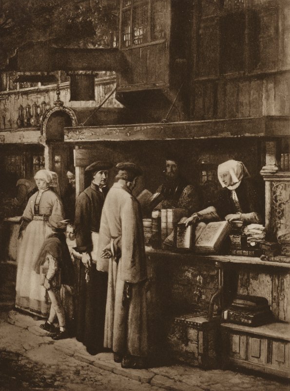 Scen i en bokhandel (litho) av European School