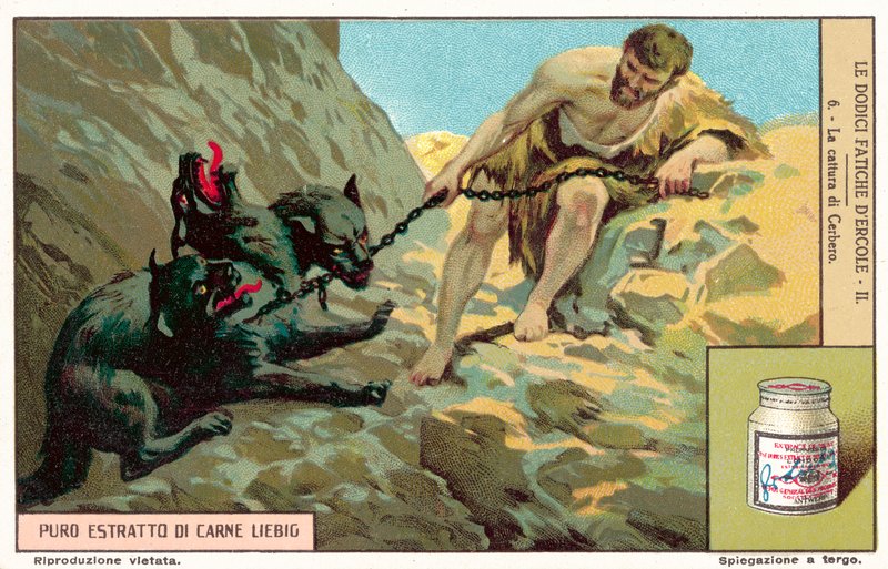 Infångandet av Cerberus (chromolitho) av European School