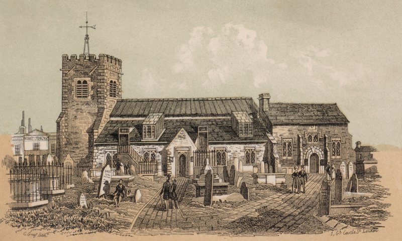 Församlingskyrkan, Brighton, Sussex (färglitografi) av European School