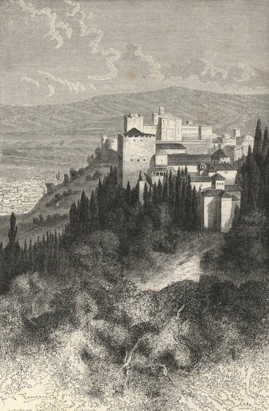 Exteriörvy av Alhambra (gravyr) av European School