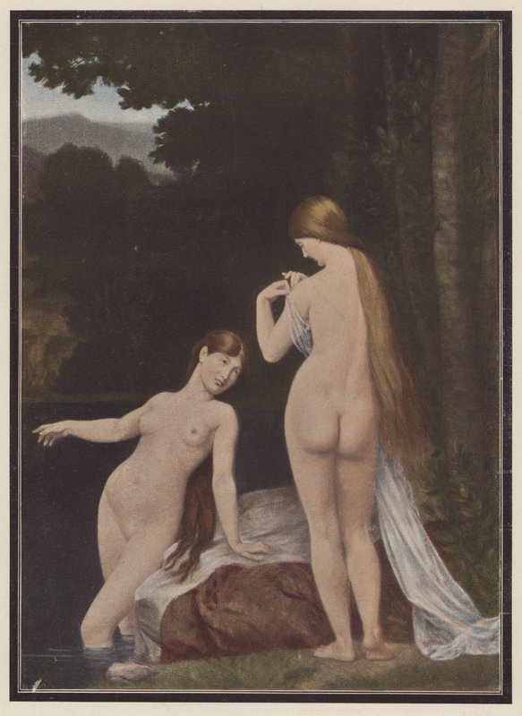 Kvinnor som badar (färg litho) av European School