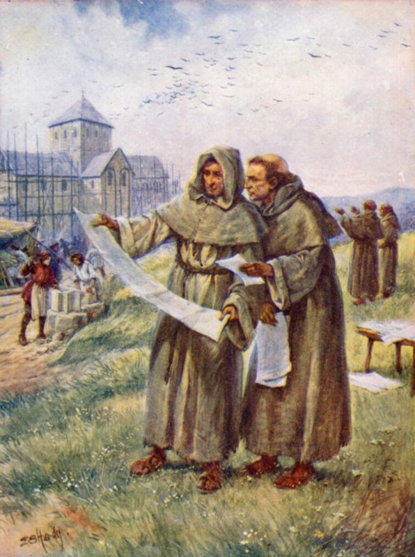 Bygga ett kloster (färg litho) av Evelyn Stuart Hardy