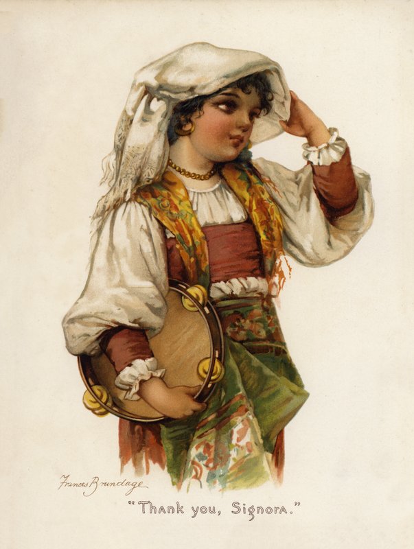 Flickor: "Tack, Signora" (färg litho) av Frances Brundage